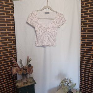 Brandy Melville White & Pink Floral 'Gina' Ruched Top - Made in Italy